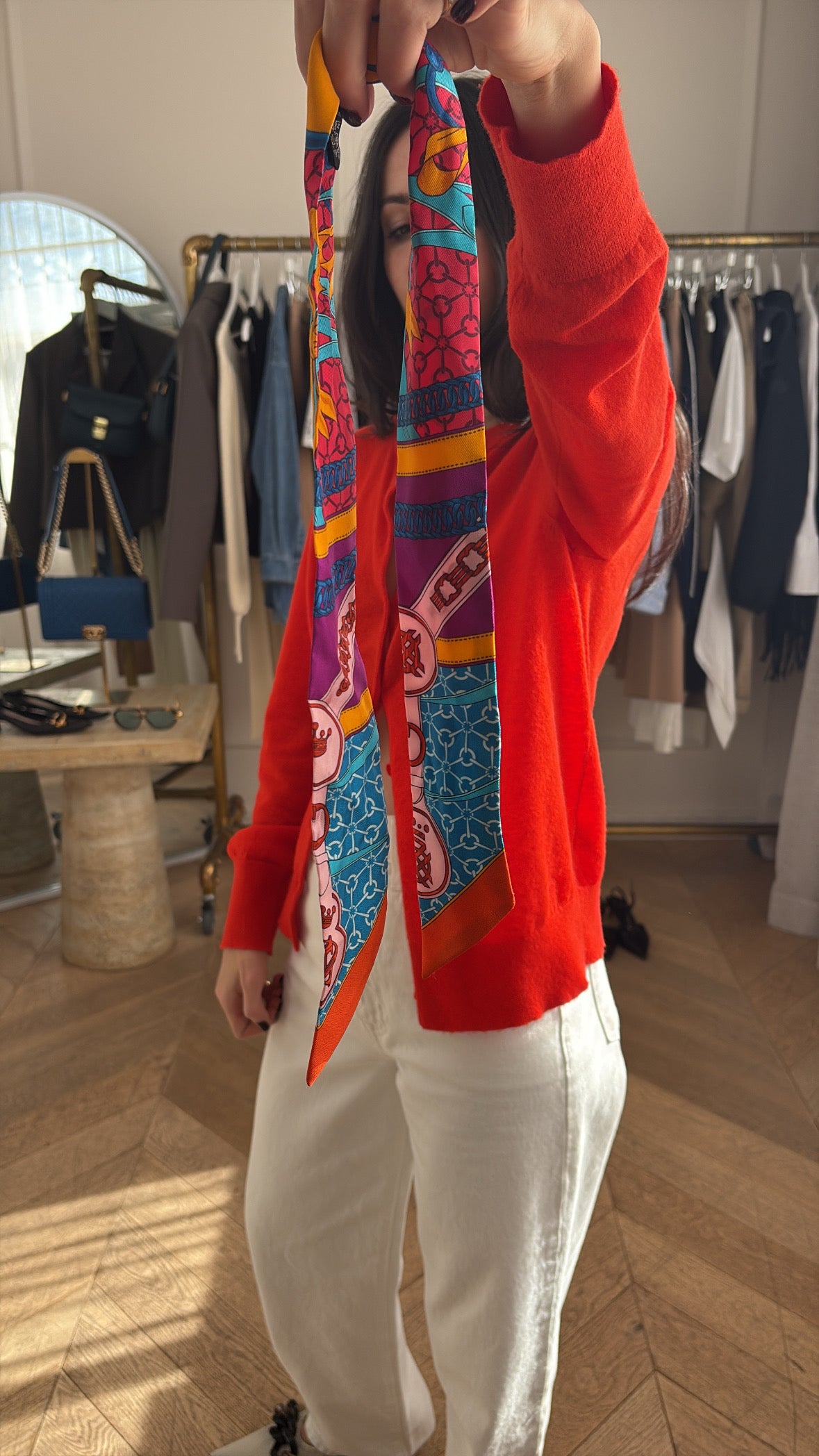 Hermès Blue, Purple and Orange Printed Silk Twilly