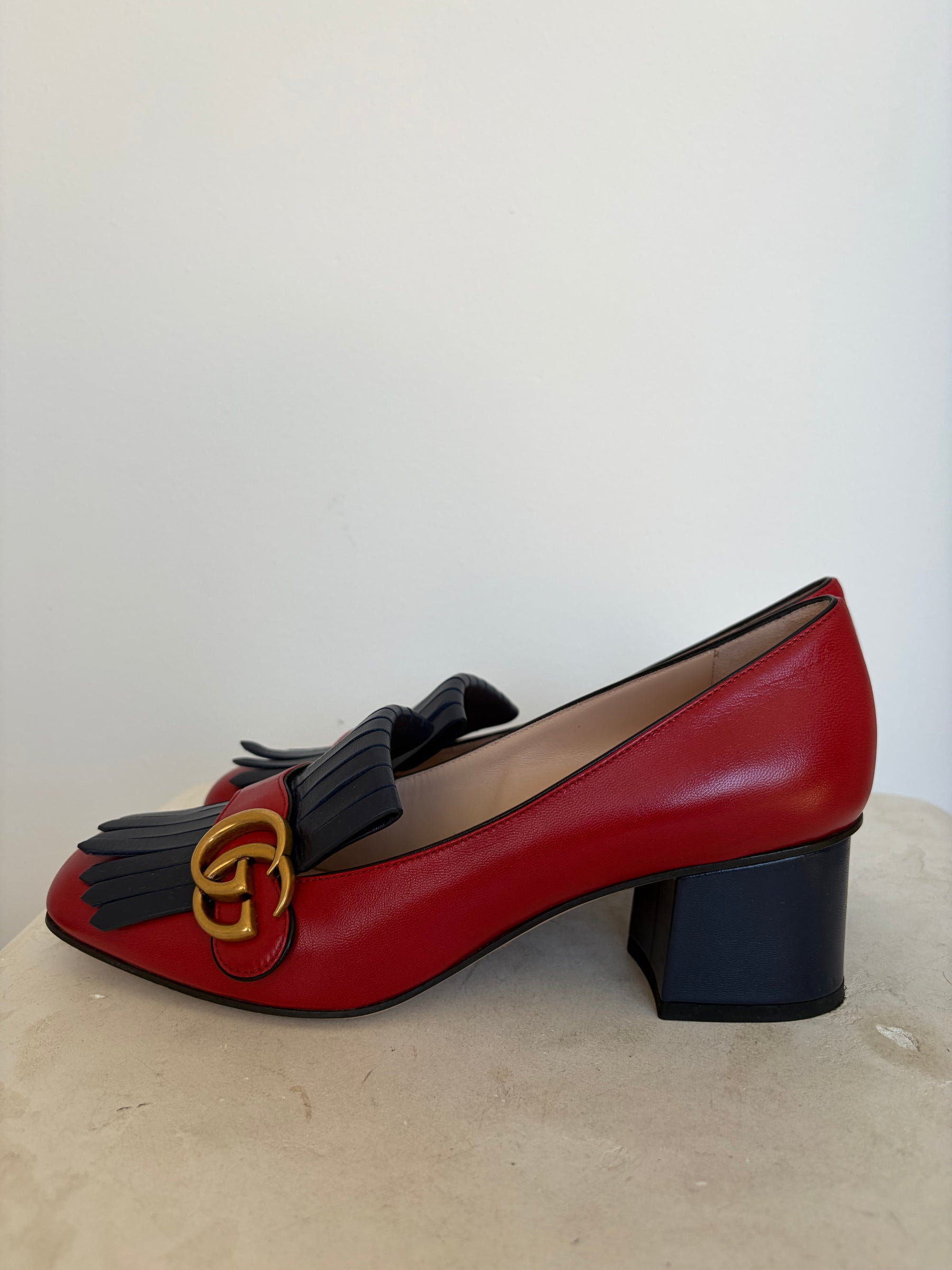 Gucci Red and Navy Fringed Leather Marmont Pumps, 39