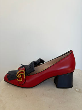 Gucci Red and Navy Fringed Leather Marmont Pumps, 39