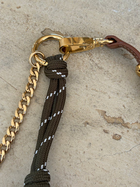 Miu Miu Khaki and Tan Leather, cord and metal trick keyring