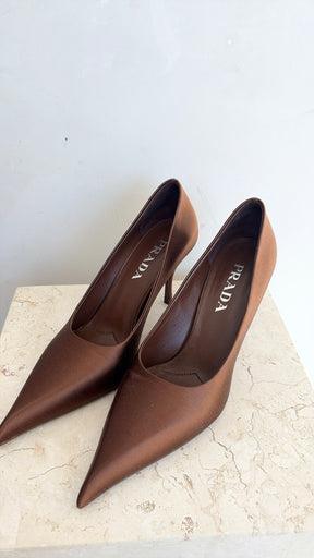 Prada Satin Pumps In Tobacco, 38
