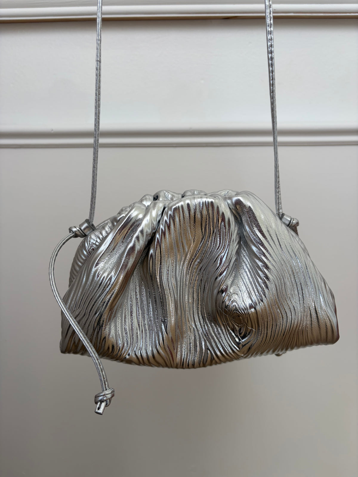 Bottega Mini Cross Body Crinkle Leather Pouch In Silver