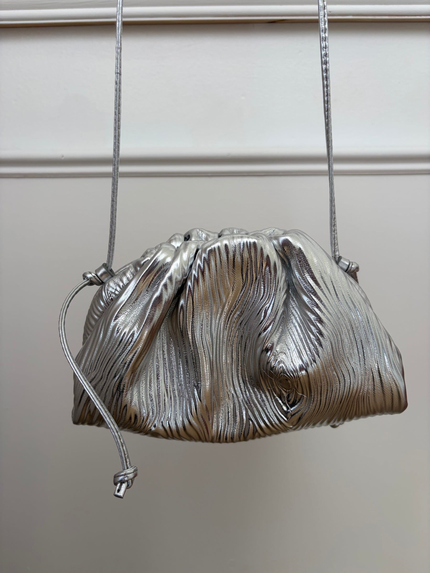 Bottega Mini Cross Body Crinkle Leather Pouch In Silver