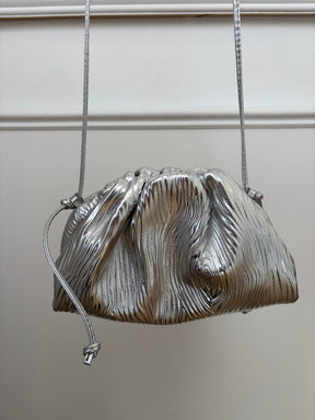 Bottega Mini Cross Body Crinkle Leather Pouch In Silver