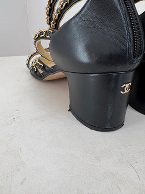 Chanel Block Heel Gold Chain Sandal In Black, 41