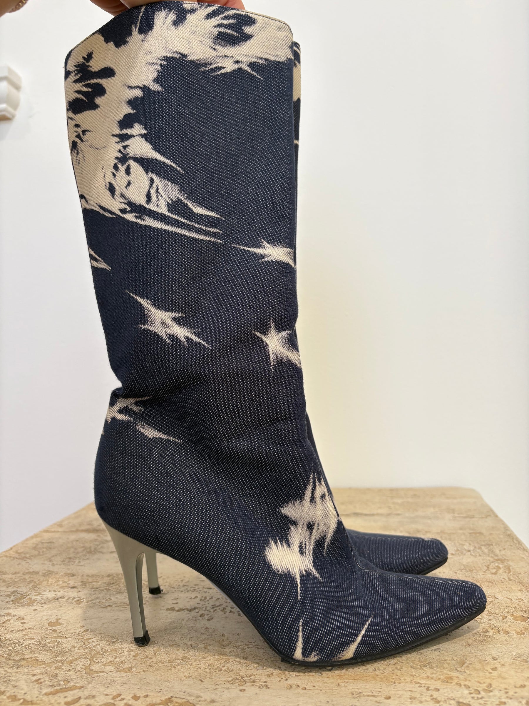 Celine Denim Bleached Knee High Boots, 37