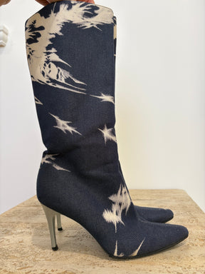 Celine Denim Bleached Knee High Boots, 37
