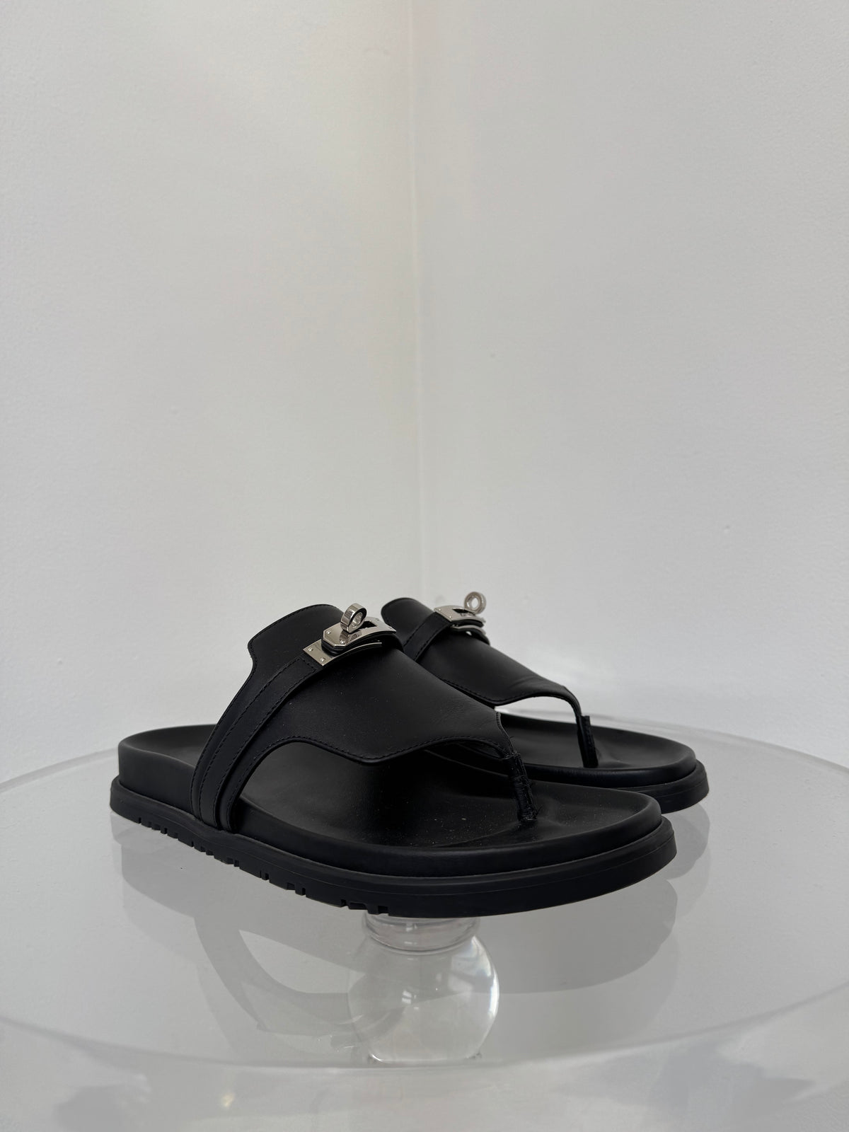 Hermès Black Leather Empire Sandals with Palladium Hardware, 38