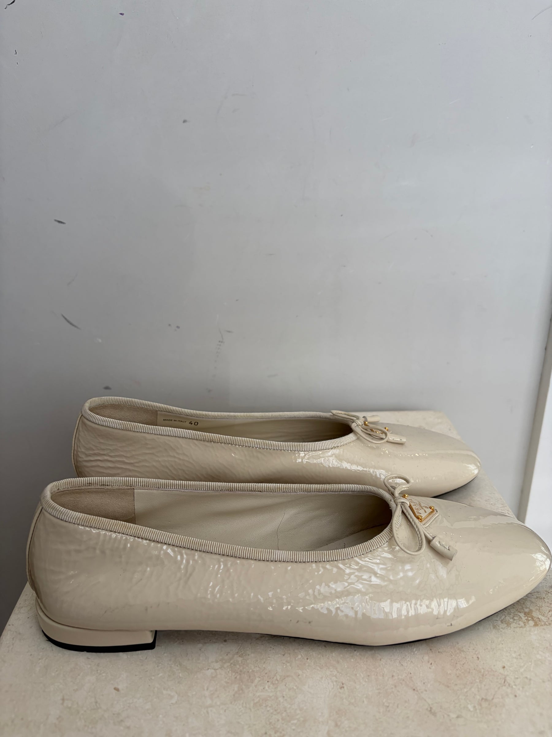 Prada Cream Patent Ballet Flats, 40