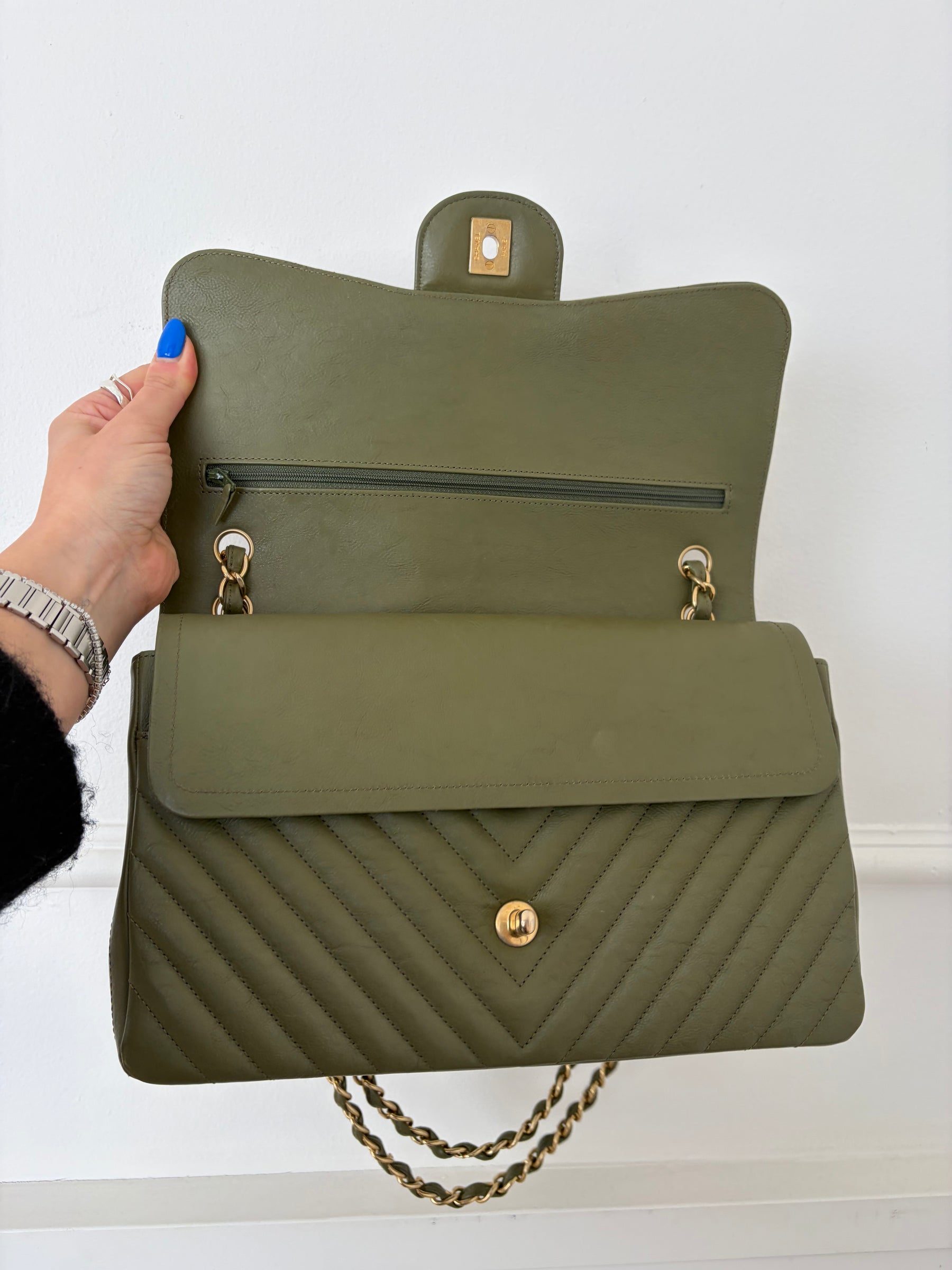 Chanel Khaki Chevron Quilted Leather Jumbo Double Flap