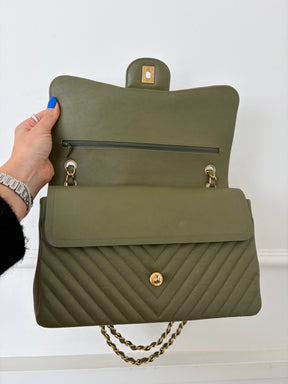 Chanel Khaki Chevron Quilted Leather Jumbo Double Flap