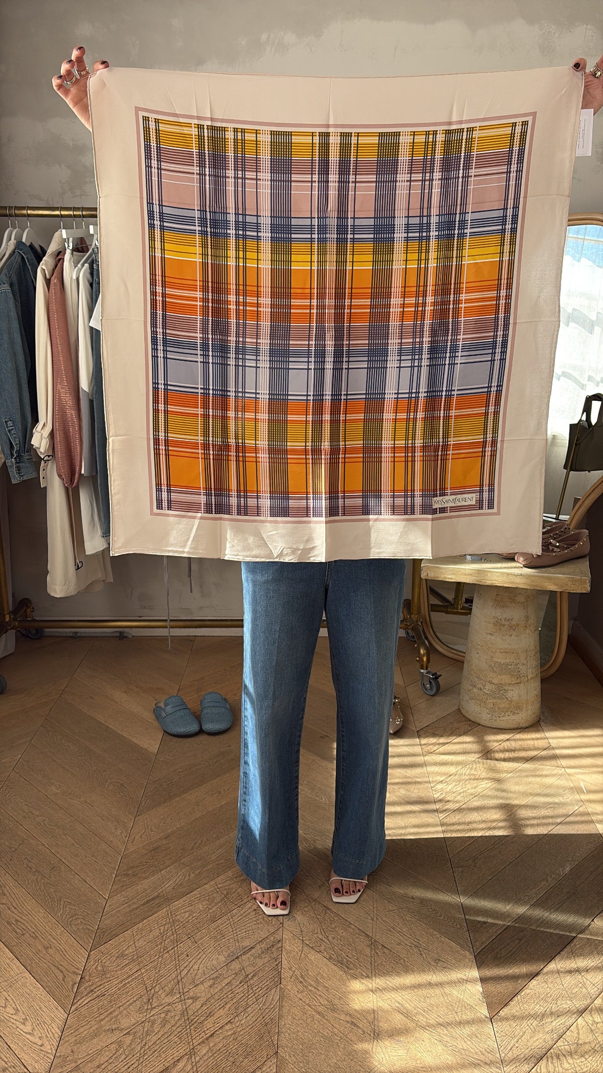 Saint Laurent Cream, Orange and Blue Thatched Print Silk Scarf