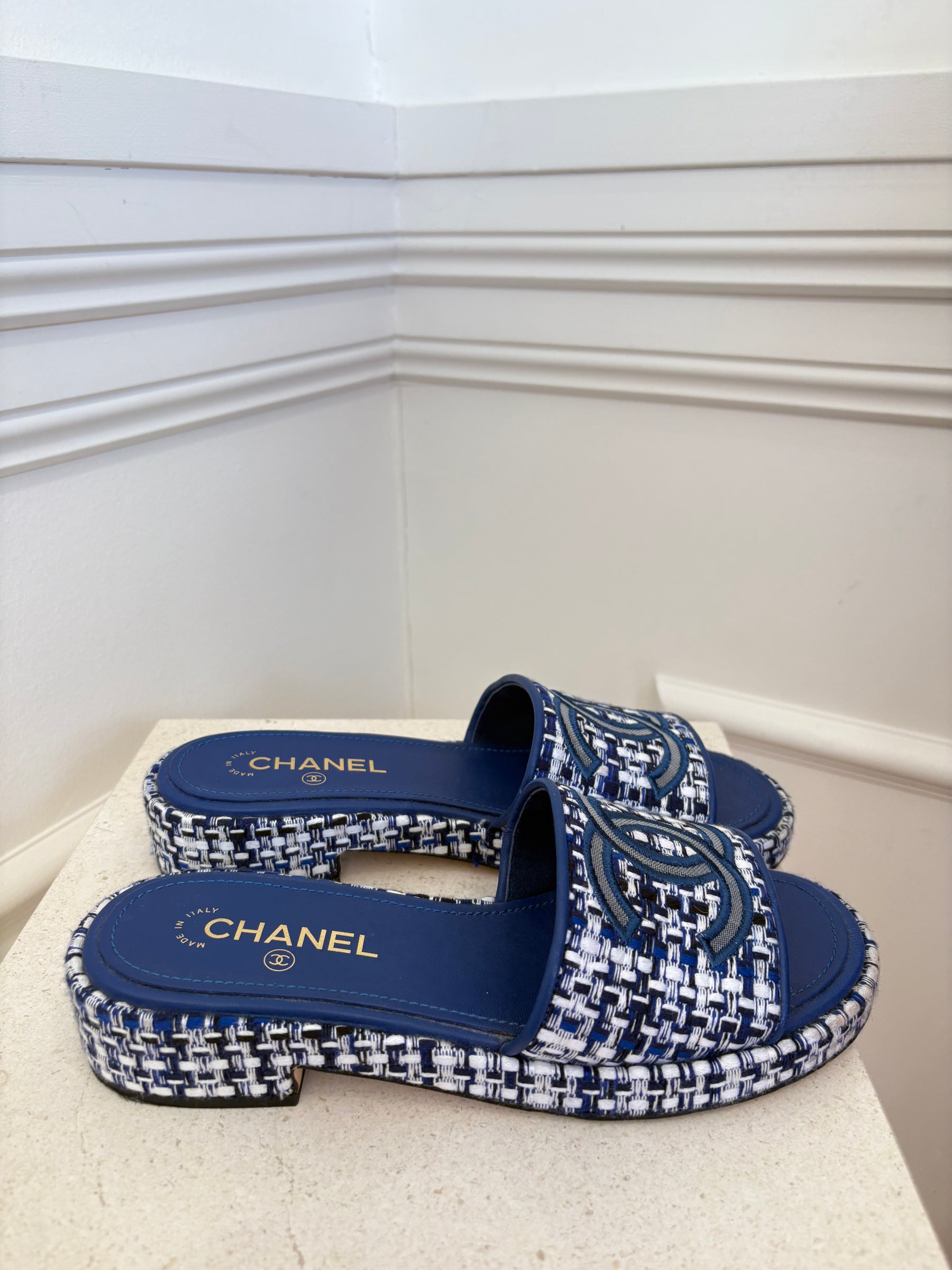Chanel Blue and White Tweed Heeled Slides, 39.5
