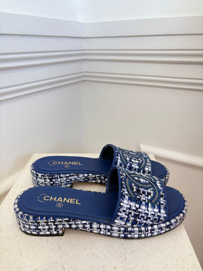 Chanel Blue and White Tweed Heeled Slides, 39.5