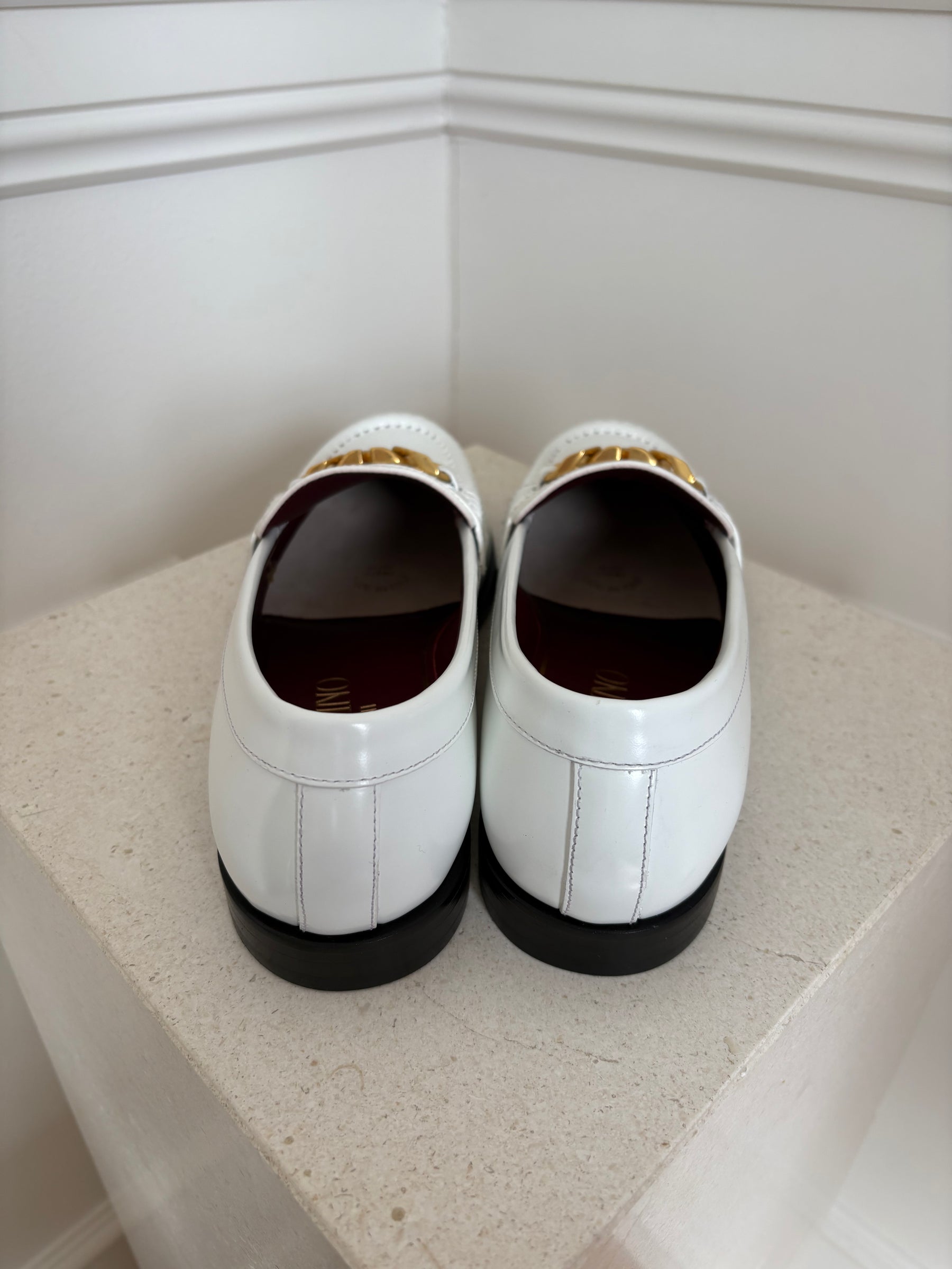 Valentino Garavani White Leather Logo Loafers, 40.5