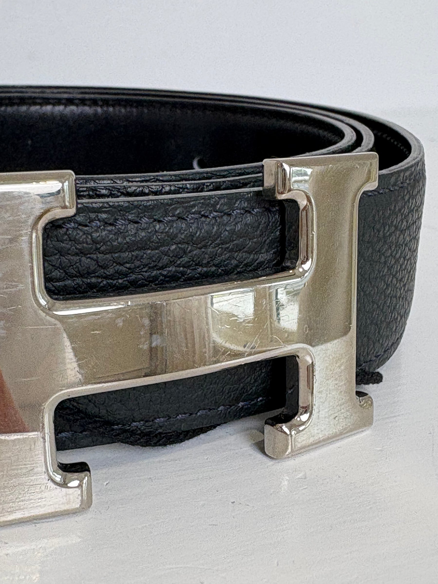 Hermès Black Reversible Leather Silver H Belt, 90
