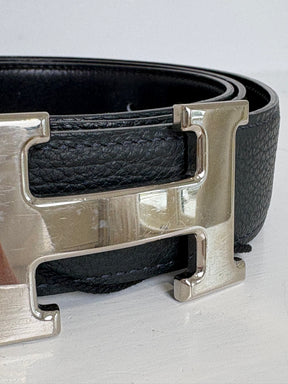 Hermès Black Reversible Leather Silver H Belt, 90