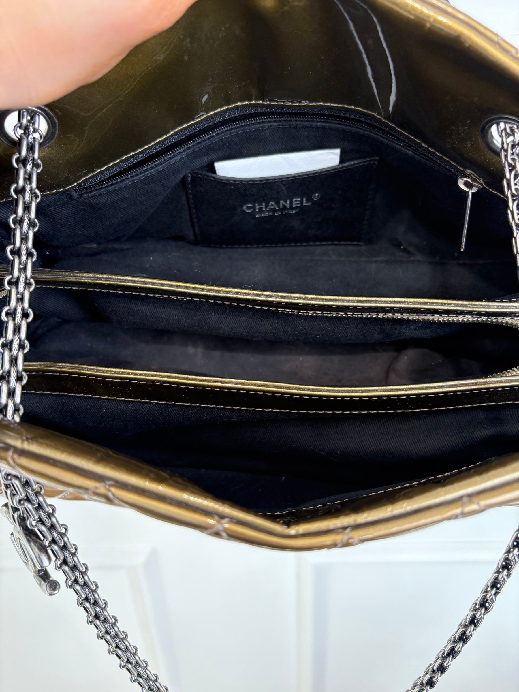 Chanel Khaki Bronze Patent Mademoiselle Bowling Bag