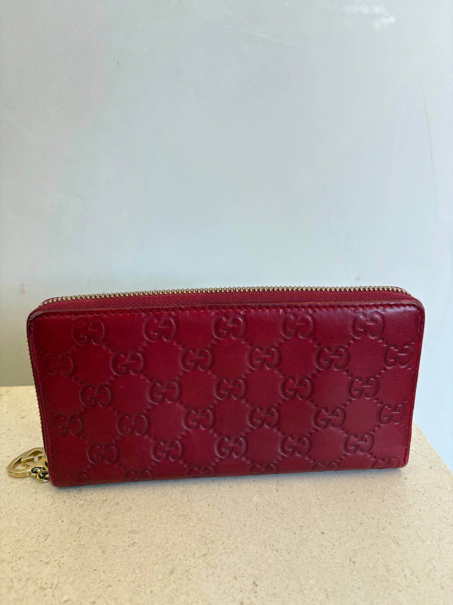 Gucci Red Leather Monogram Zipped Long Wallet