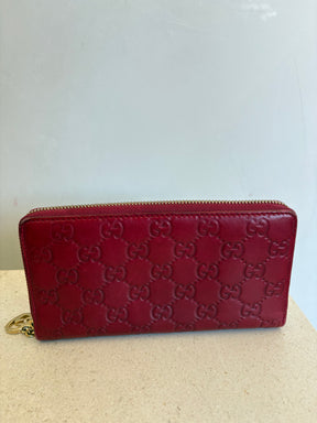 Gucci Red Leather Monogram Zipped Long Wallet