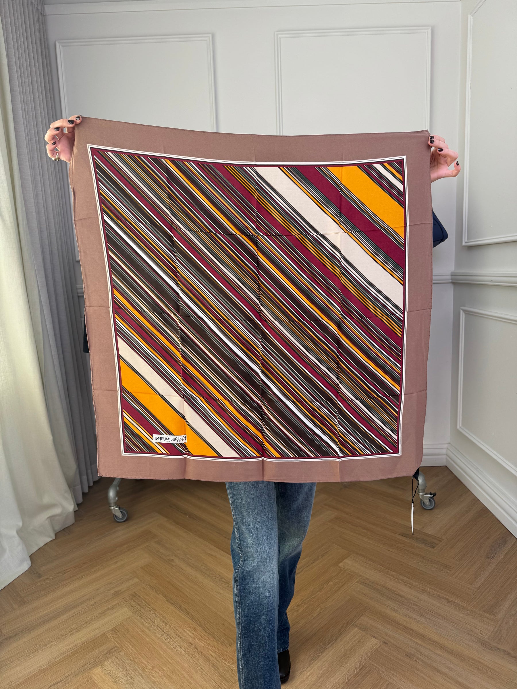 Saint Laurent Taupe, Orange and Burgundy Silk Scarf