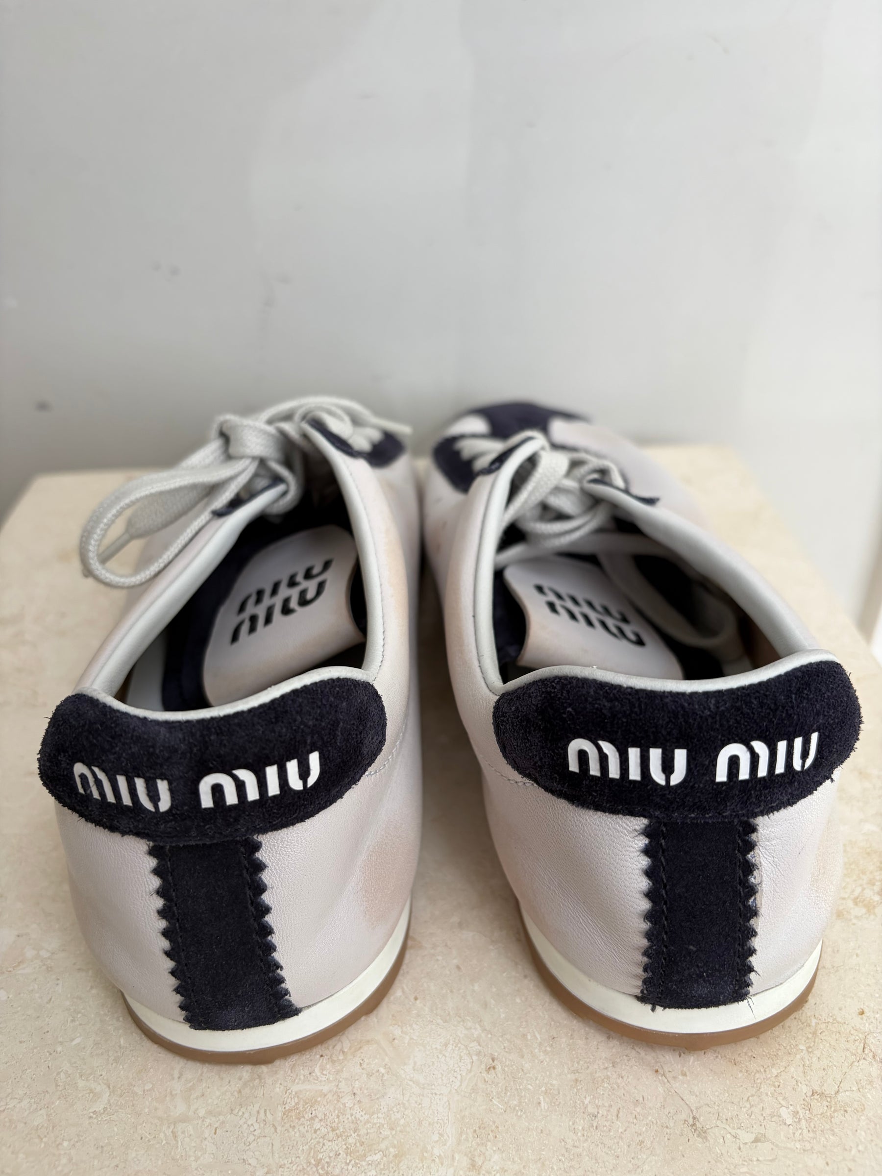Miu Miu Plume Sneaker White and Navy With Distressing, 40