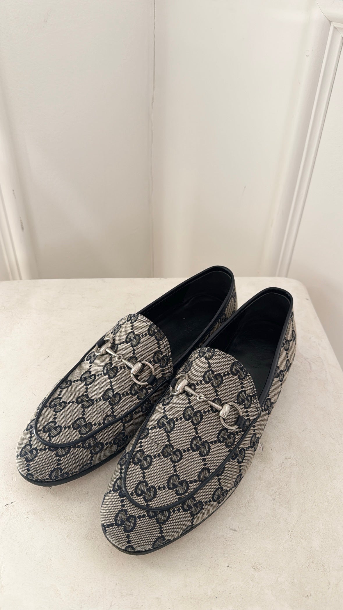 Gucci Blue and Beige Monogram Jordaan Loafer, 38
