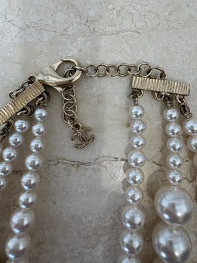 Chanel 3 Strand Pearl Logo Necklace with Blue Detailing