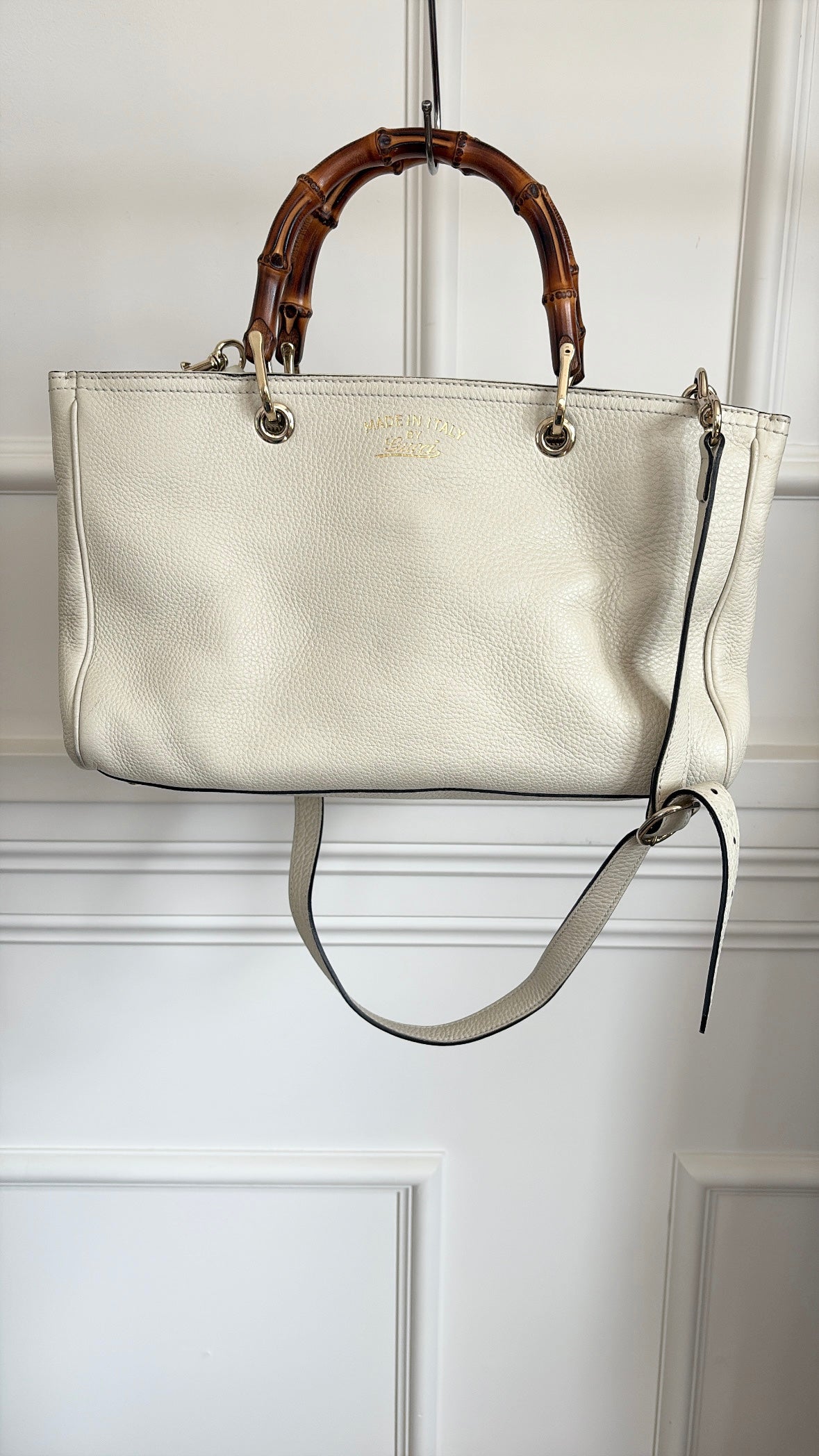 Gucci Bamboo Shopper Leather Tote Cream With Shoulder Strap