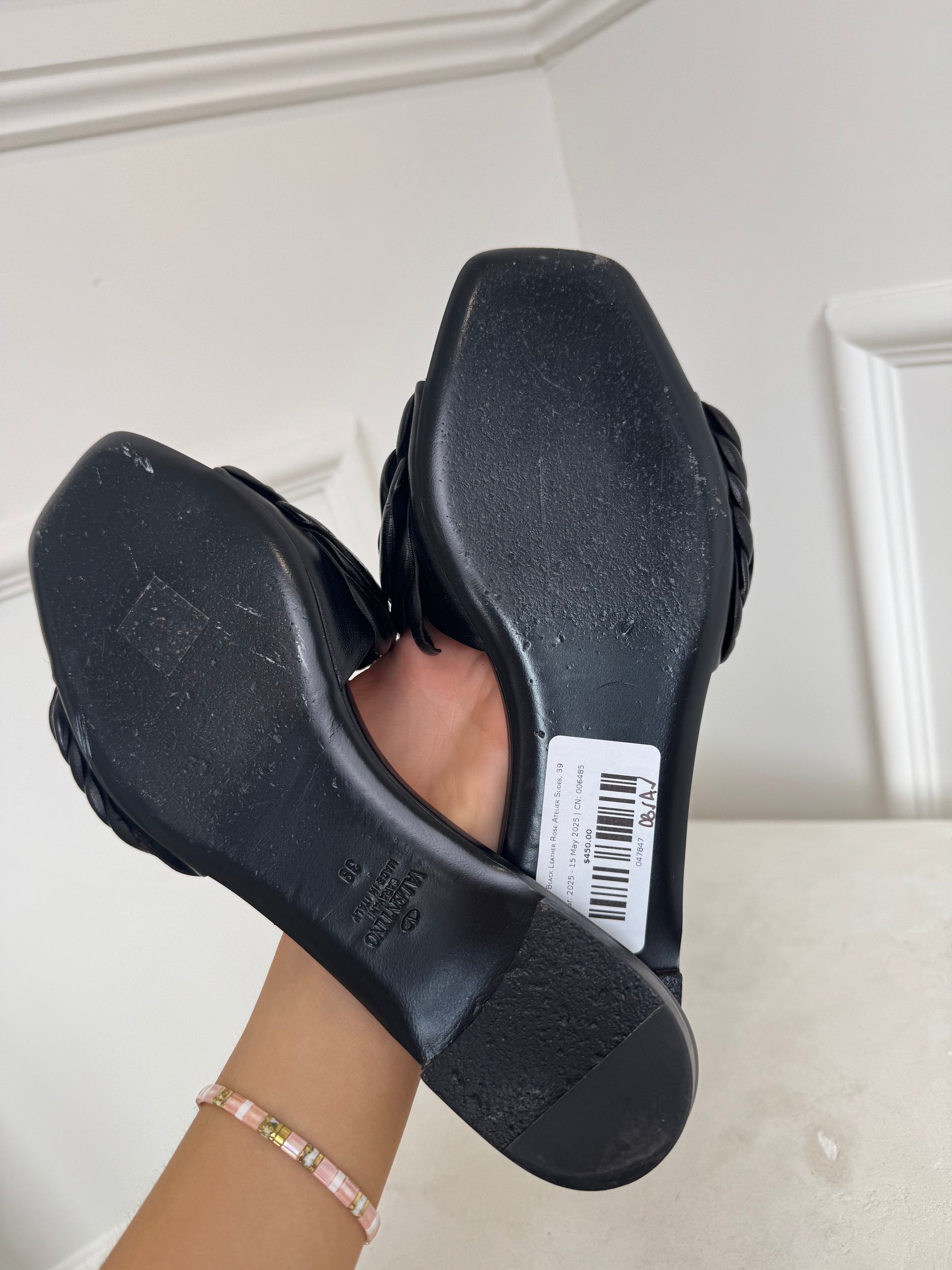Valentino Black Leather Rose Atelier Slides, 39