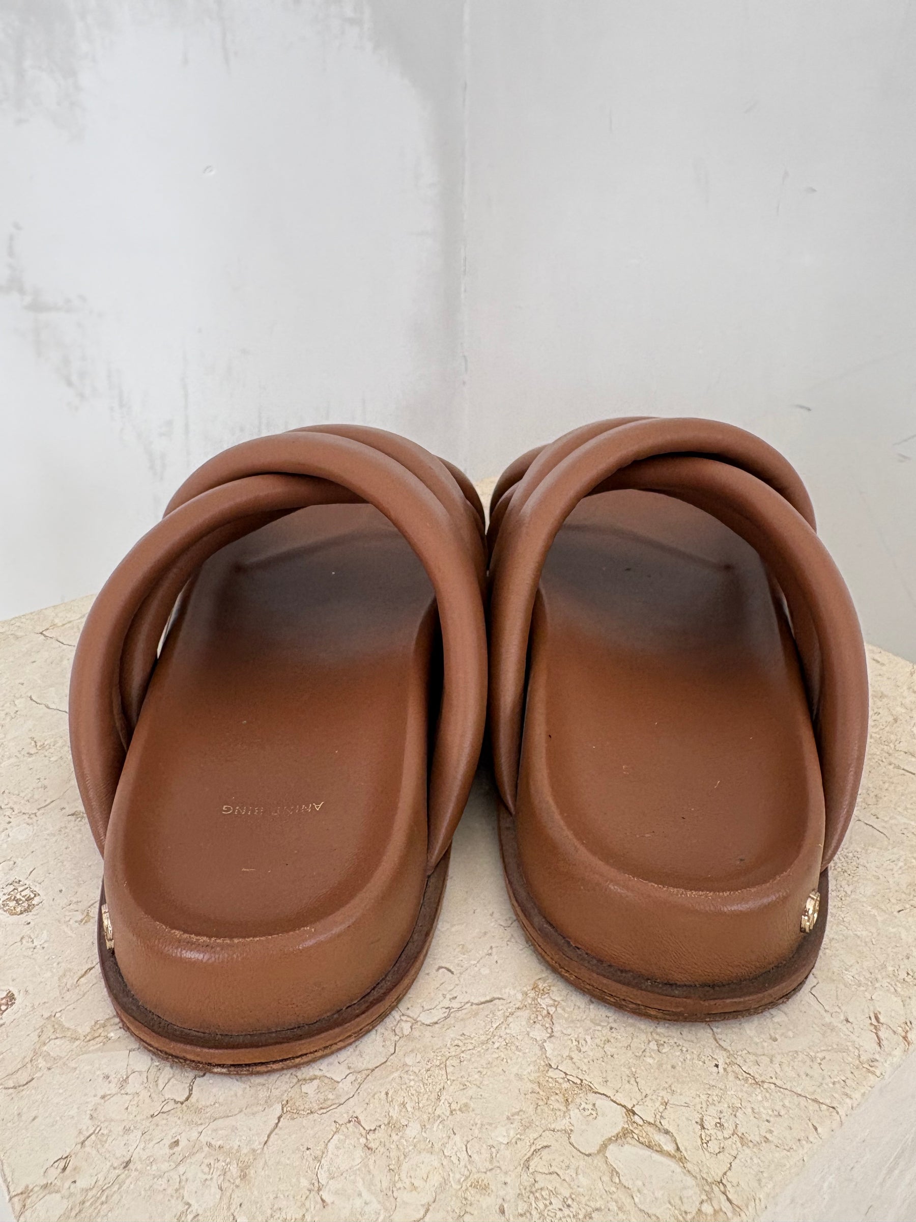 Anine Bing Tan Leather Criss Cross Slides, 41