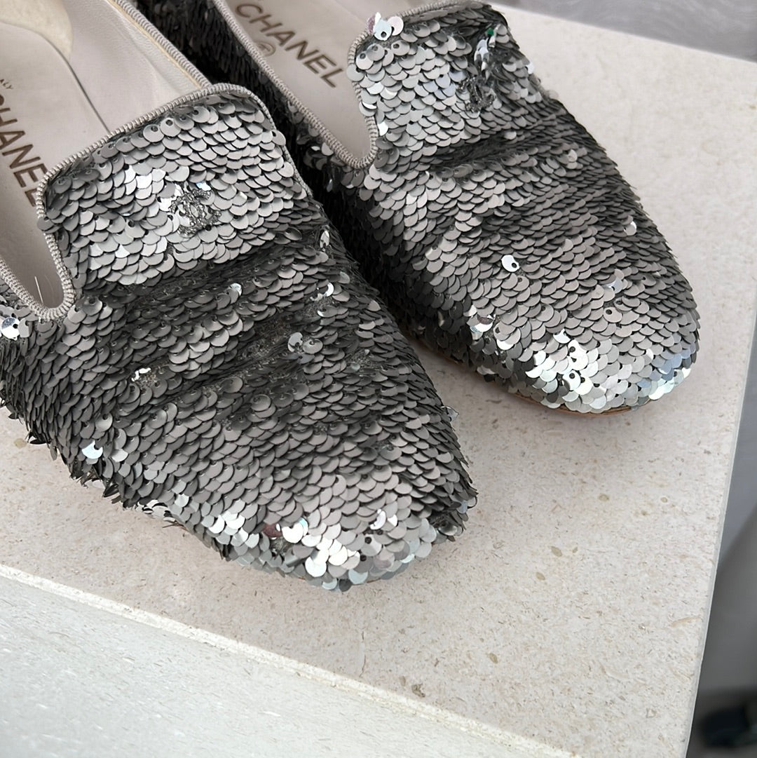 Chanel Sequin Slippers in Silver