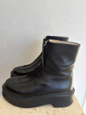 The Row Black Leather Zip Front Boots, 37.5