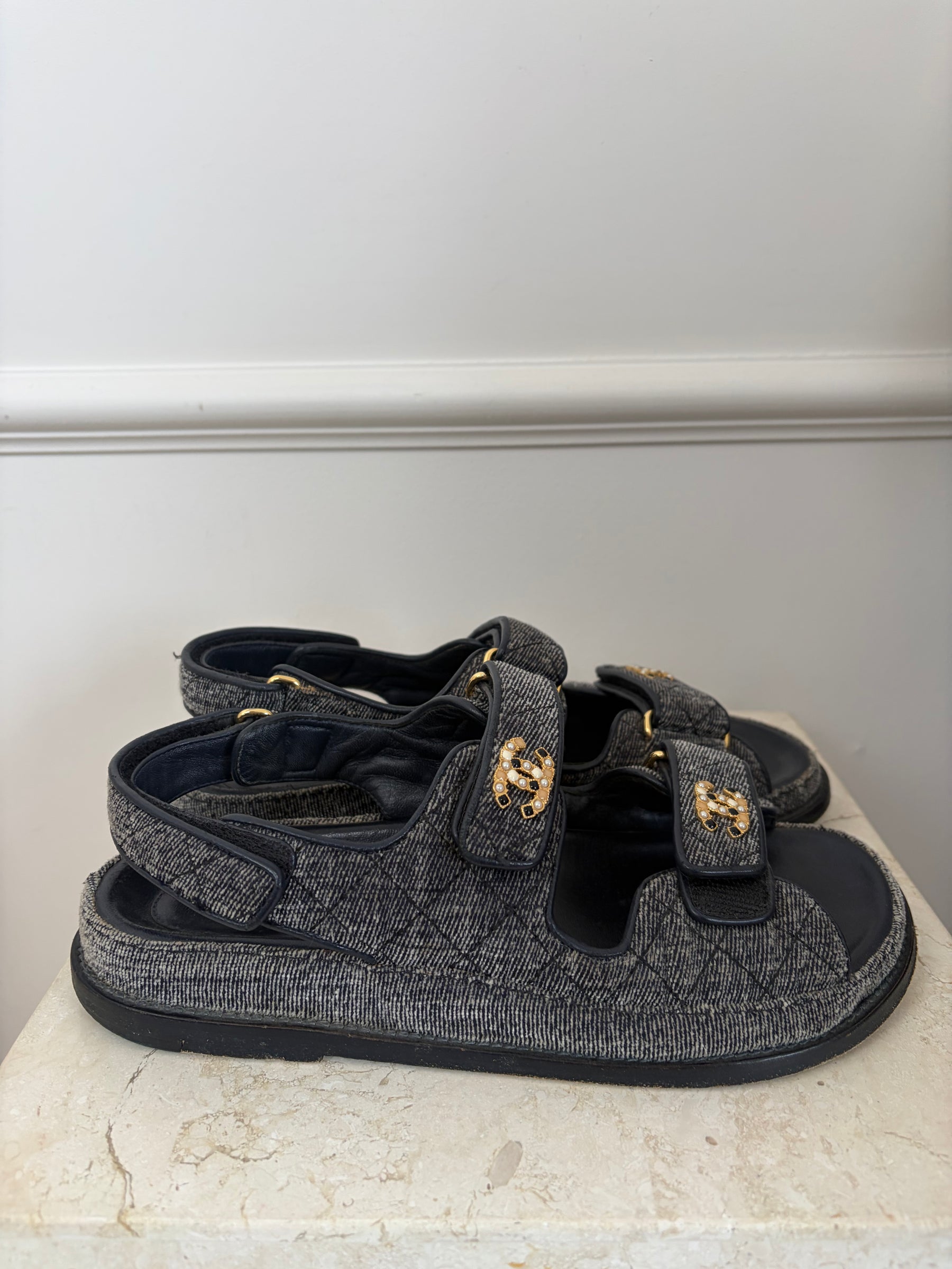 Chanel Navy Sueded Denim Dad Sandals, 38