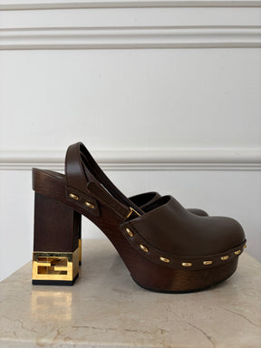 Fendi Brown Leather Platform Logo Heel Clogs, 38