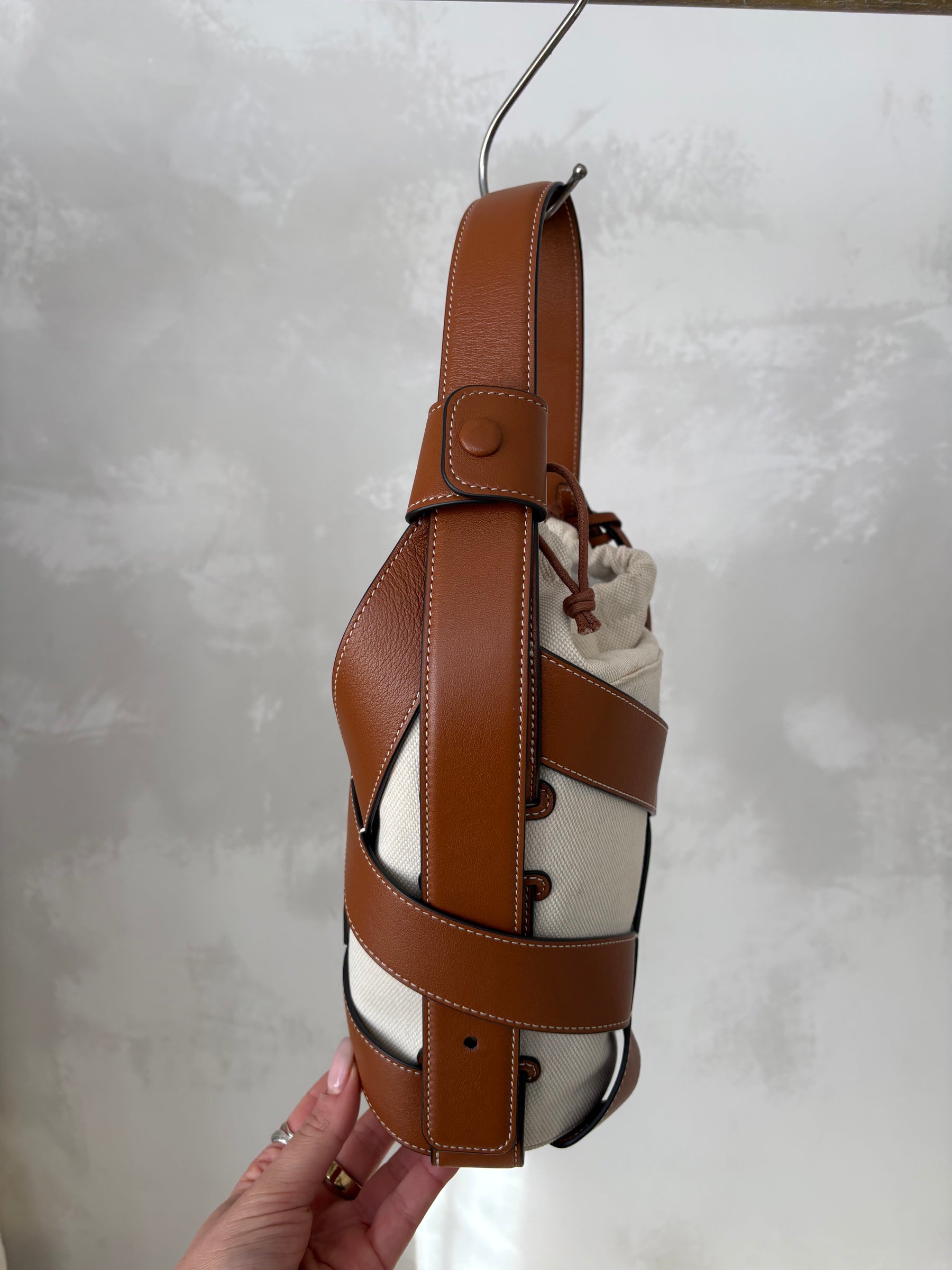 STAUD Tan Leather and Canvas Bucket Bag
