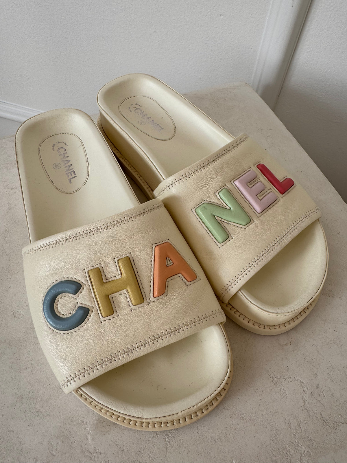 Chanel Cream Leather Slides With Pastel Logo, 38 C