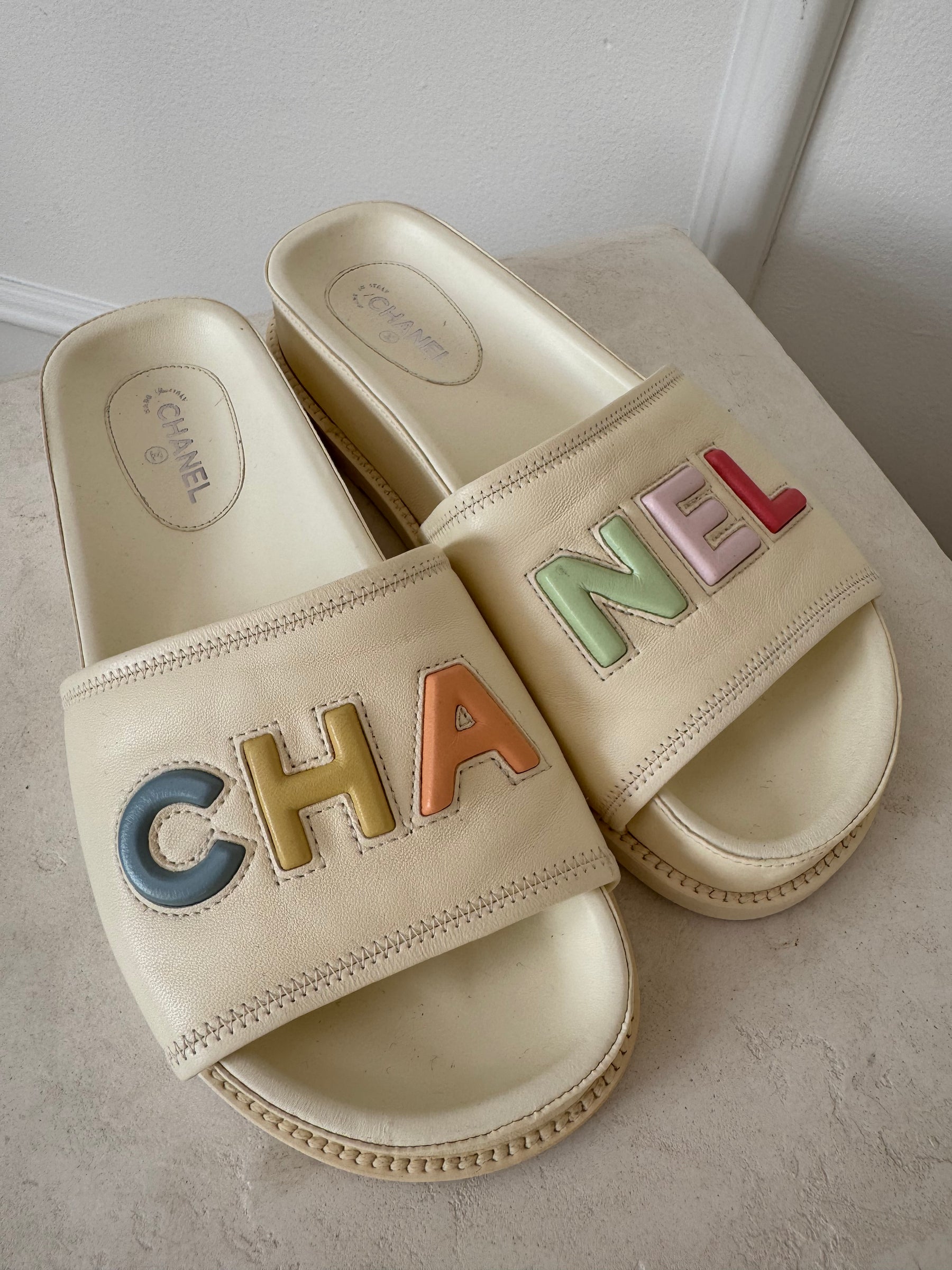 Chanel Cream Leather Slides With Pastel Logo, 38 C