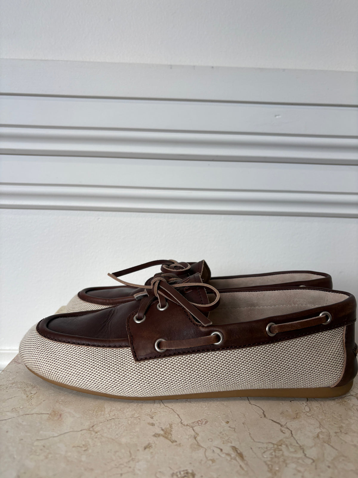 Miu Miu Brown Leather and Cream Canvas Deck Mules, 39