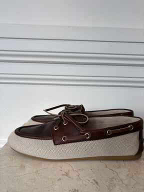 Miu Miu Brown Leather and Cream Canvas Deck Mules, 39