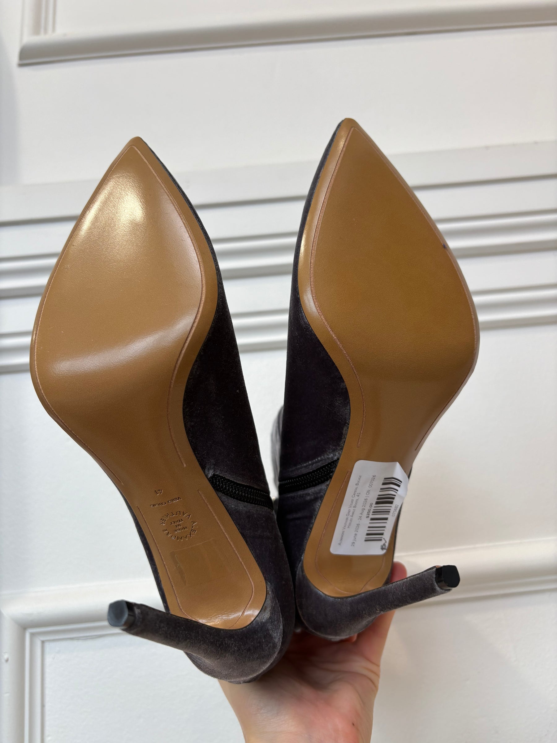 Alexandre Vauthier Grey Velvet Crystal Buckle Heeled Ankle Boots, 41