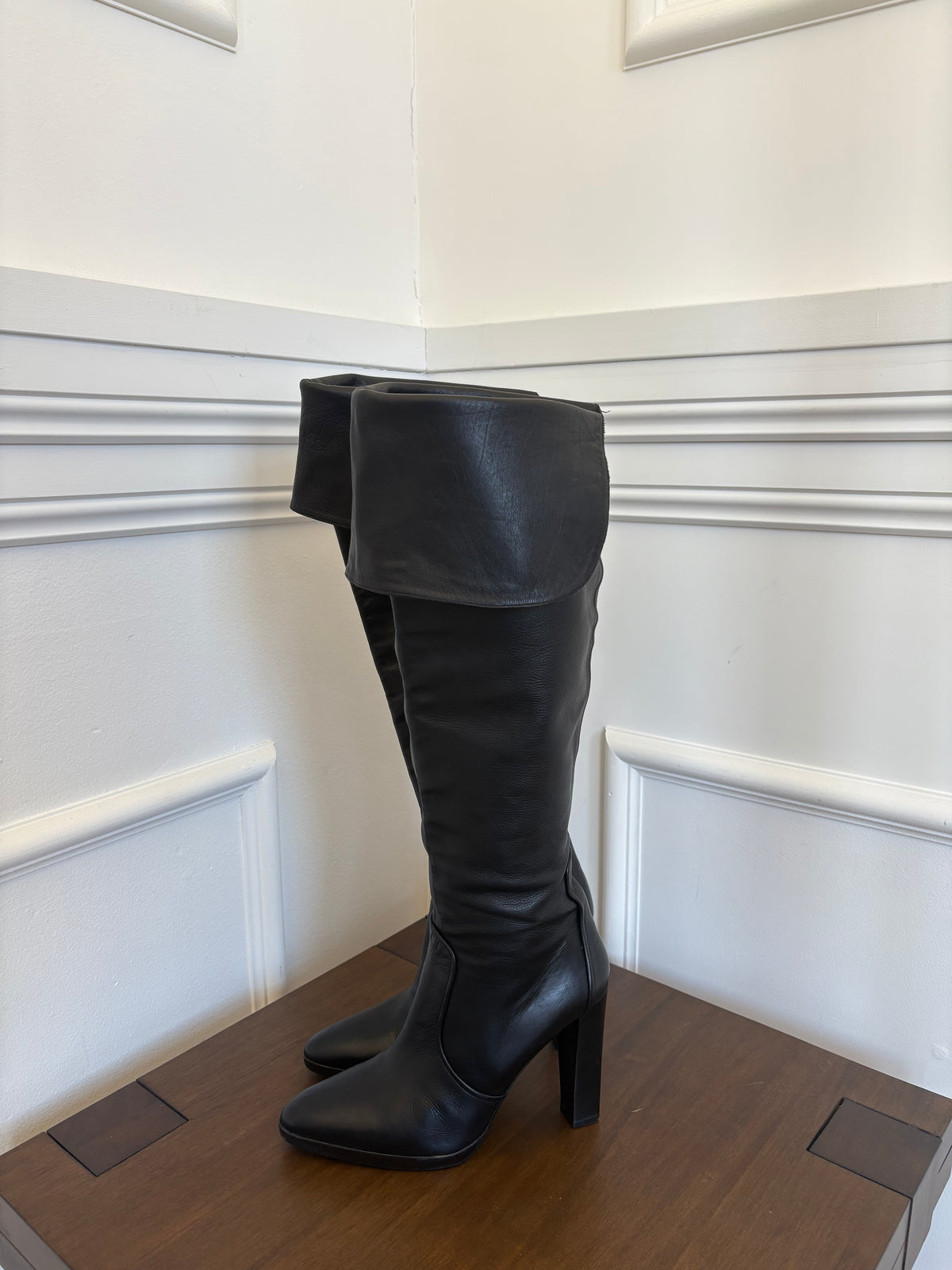 Hermès Black Leather Platform Knee High Boots, 40