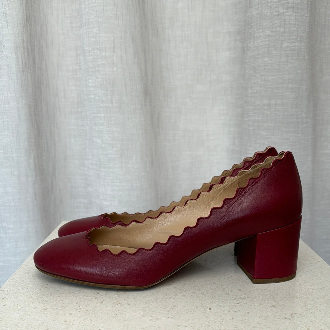Chloe Burgundy Leather Scalloped Detail Block Heel, 36.5