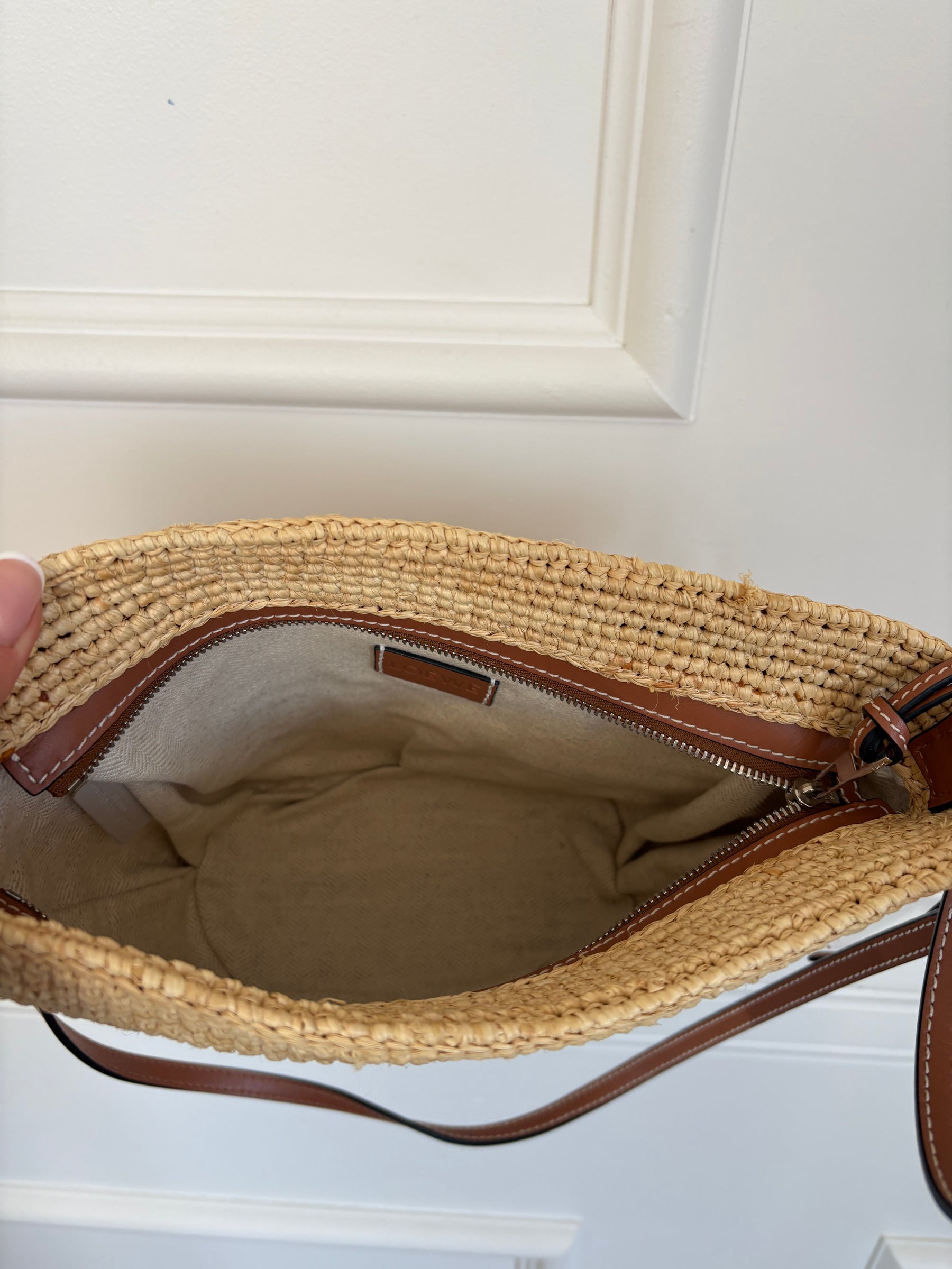 Loewe Raffia and Tan Leather Slit Pochette Crossbody Bag