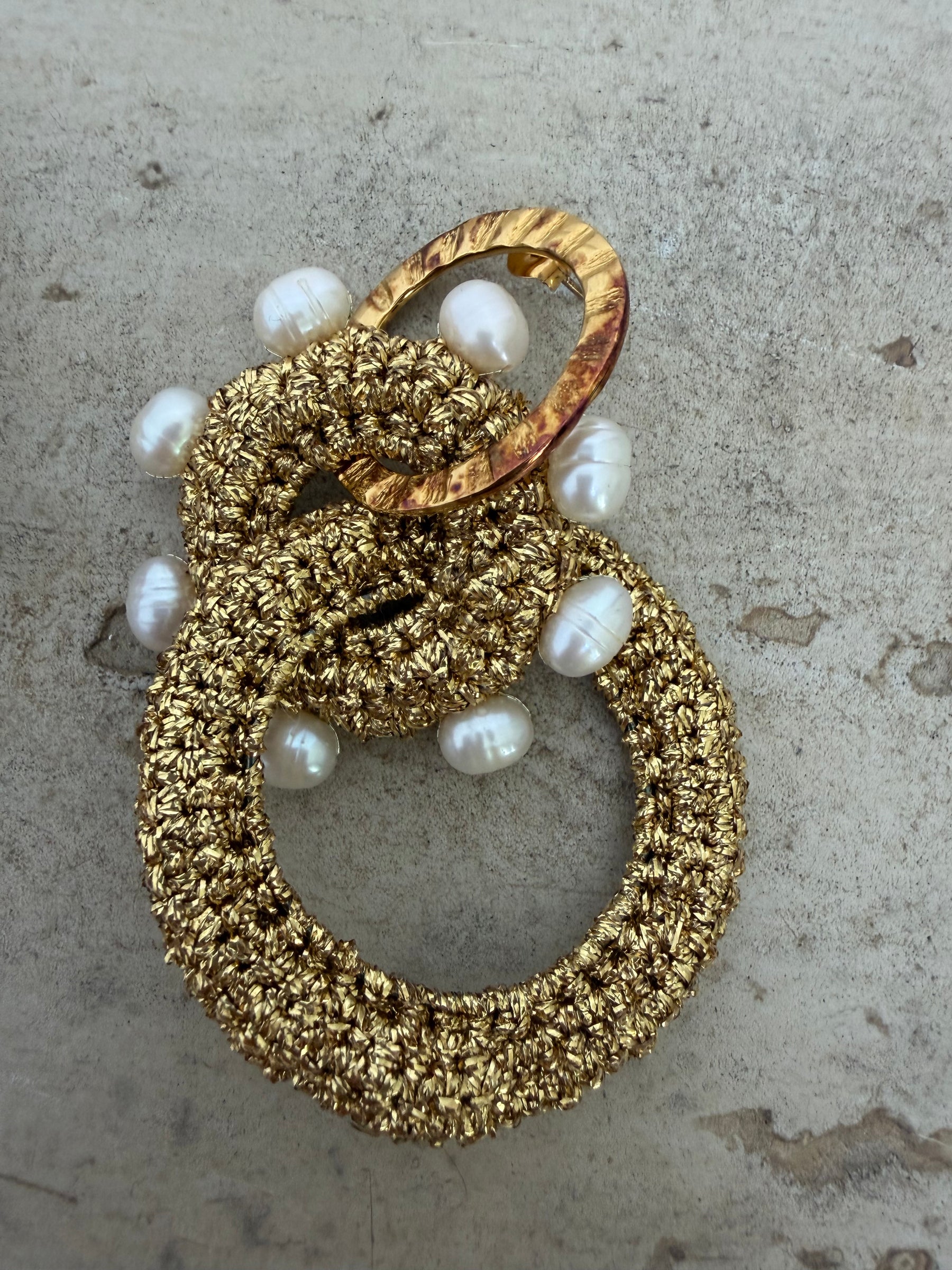 Lucy Folk Gold Metallic Crochet Hoop and Pearl Earrings
