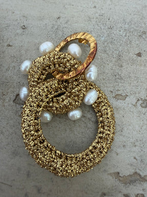 Lucy Folk Gold Metallic Crochet Hoop and Pearl Earrings