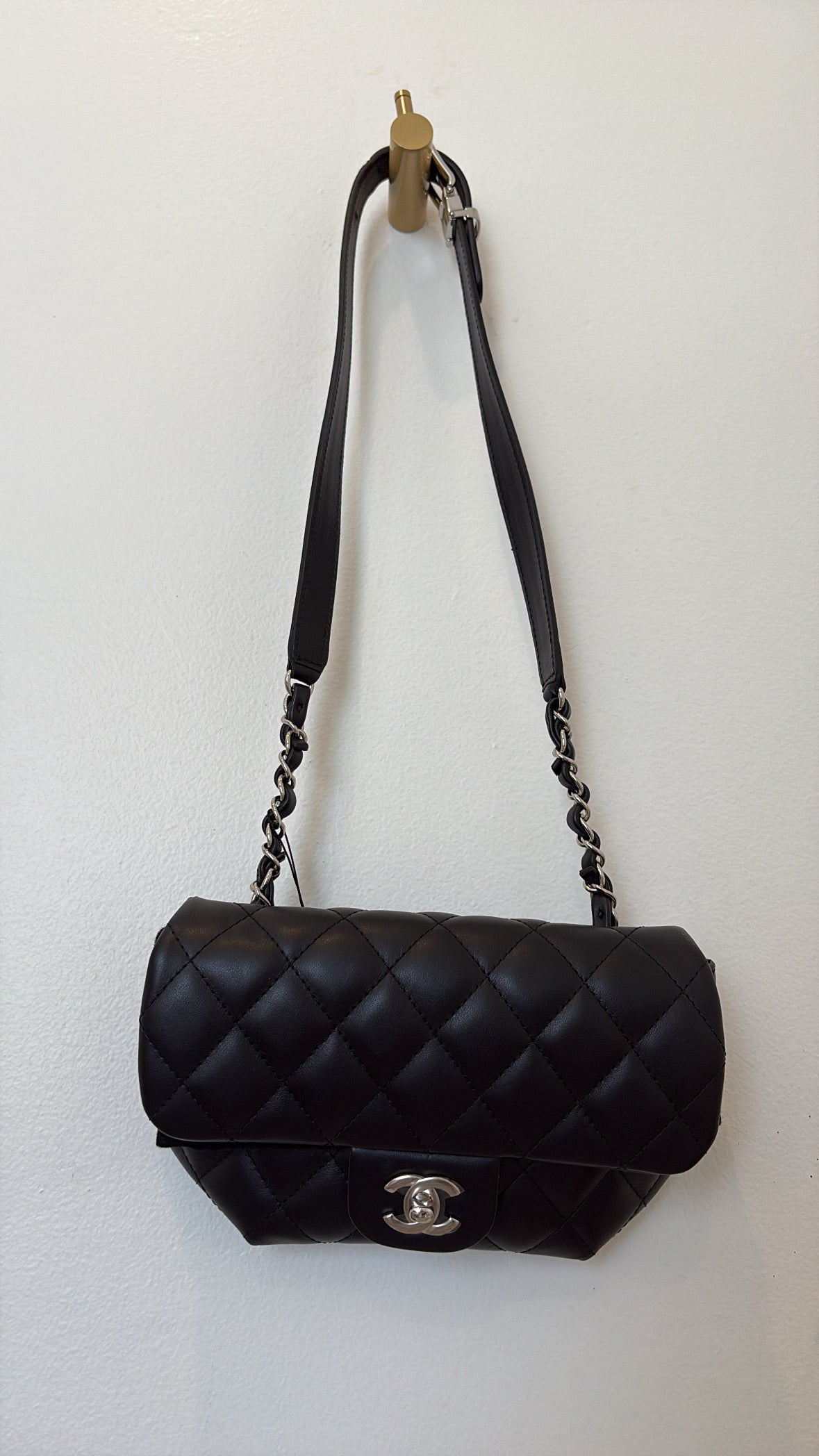 Chanel Uniform Black Lambskin Leather Waist Bag