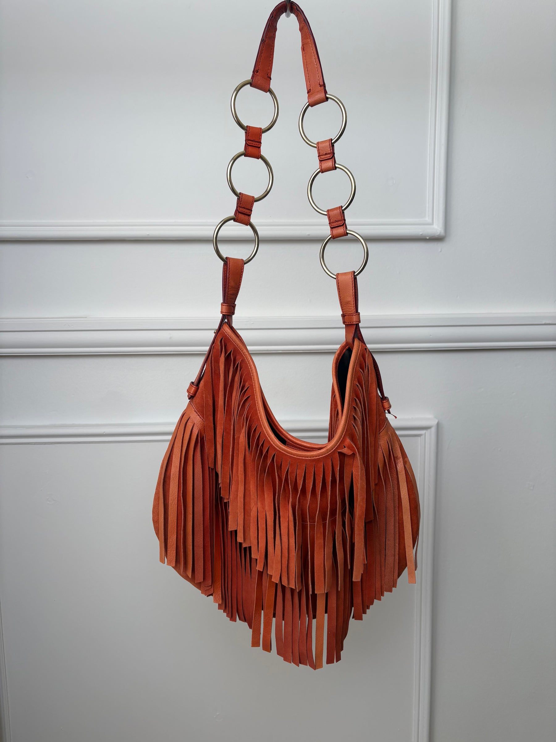 Saint Laurent Orange Suede Fringes Shoulder Bag