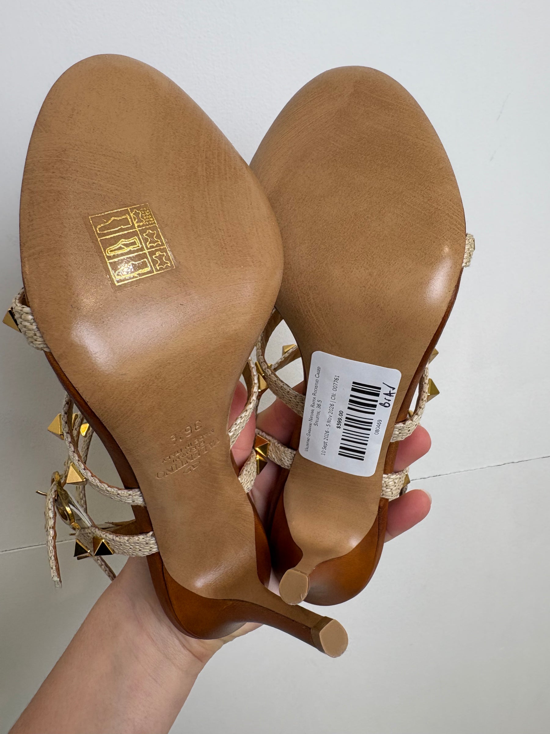 Valentino Garavani Natural Raffia Rockstud Caged Stilletos, 36.5