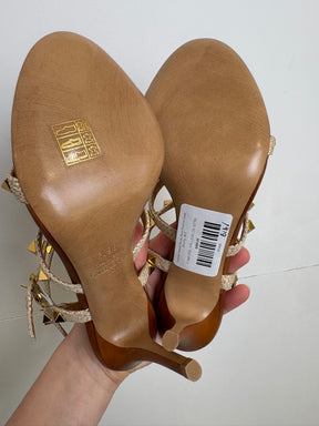 Valentino Garavani Natural Raffia Rockstud Caged Stilletos, 36.5